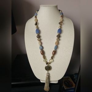 Chico's Necklace Multi-Coloured Beads Goldtone Tassel Bohemian Statement